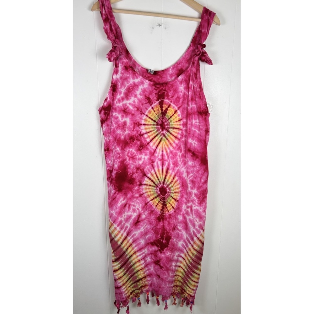 Westside Rayon Bathing Suit Coverup Dress‎ Pink Tie Dye Sz Large Tasseled